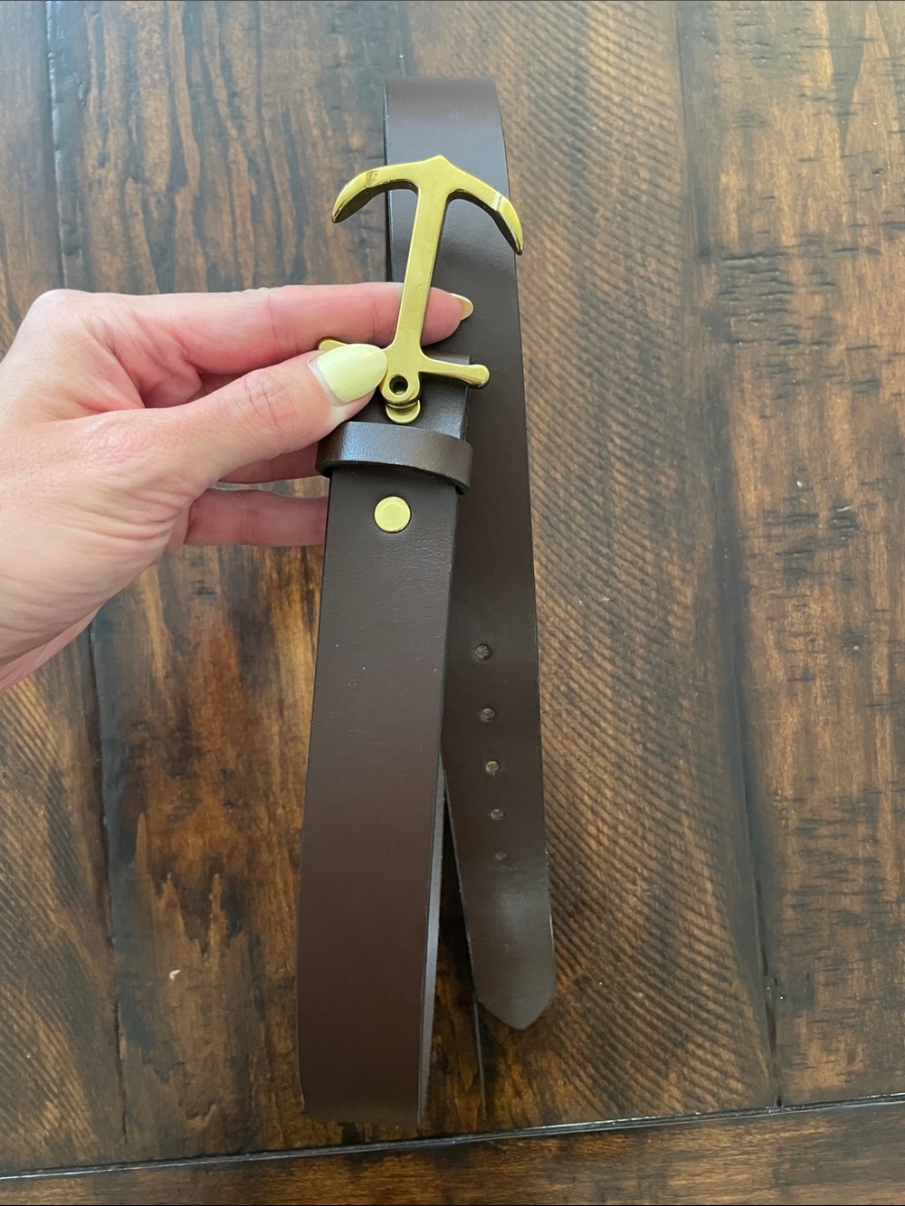 Men's Brown Leather Belt with Brass Anchor Buckle
